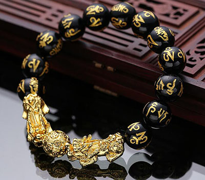 10mm保色六字箴言黑曜石情侶款貔貅手鏈簡(jiǎn)約潮流韓版男女大氣時(shí)尚首飾