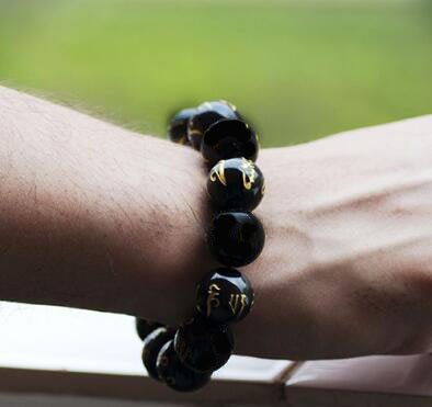 14mm六字真言佛珠手鏈天然水晶黑曜石男女款飾品轉運復古佛珠手串（贈禮盒）